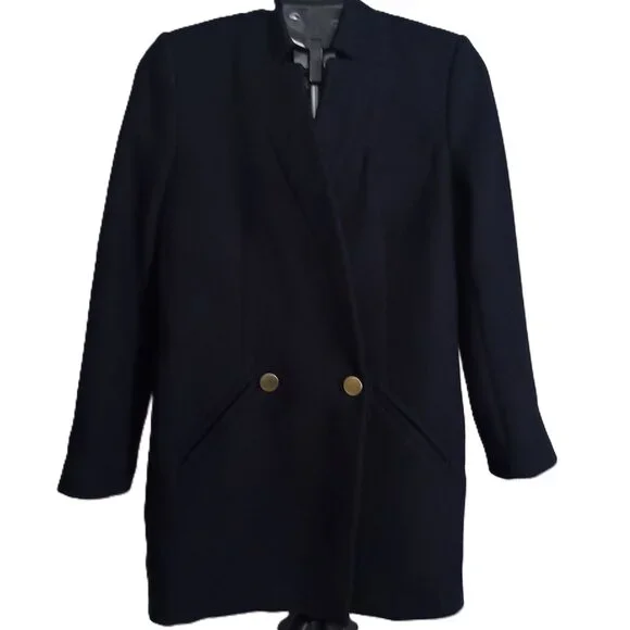 Mango Wool Blend Double Breasted Mid-Thigh Suit Coat Navy Blue Women’s XXS EUC - Picture 3 of 16